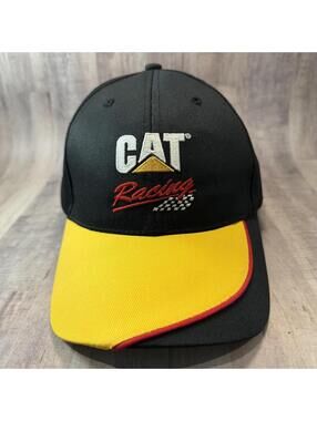 CAT Racing Caterpillar Embroidered Hat Black Yellow Red White Strap Back Cap